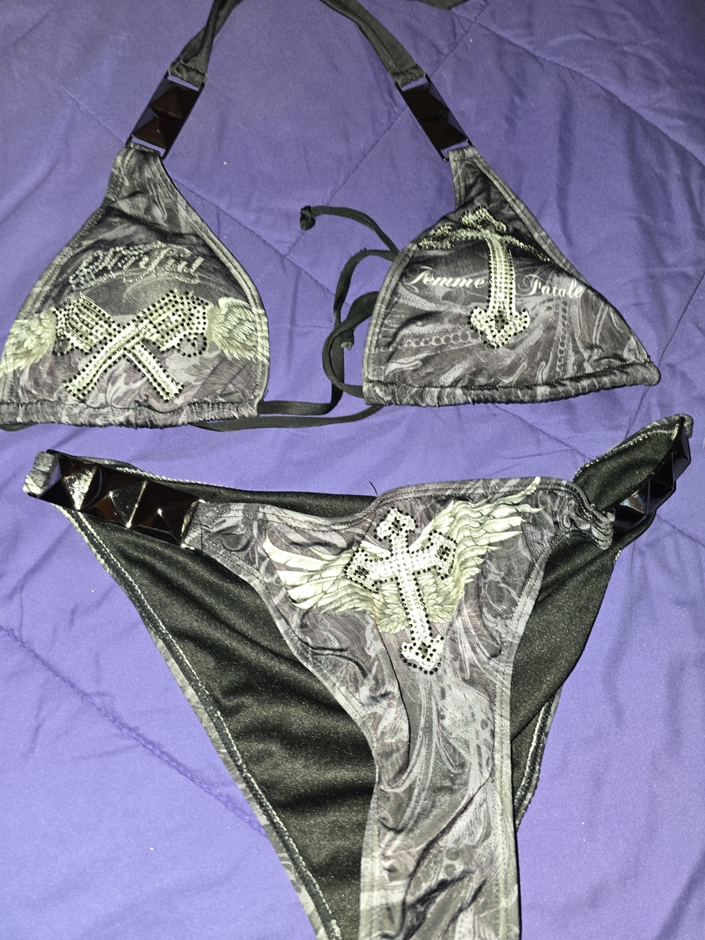Affliction Black and Gray Studded Cross Wing  Sworaswki Crystal Bikini